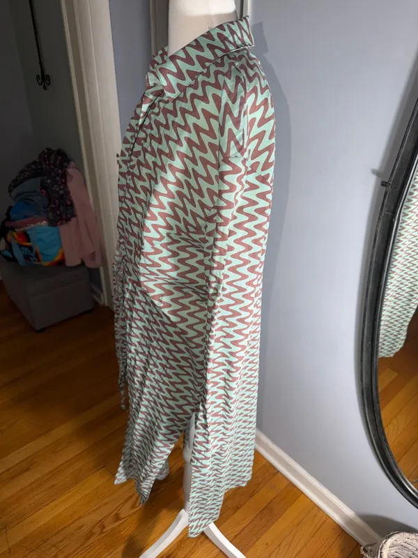 Zara 100% Cotton Mint Green & Black Chevron Tie-Front Long Shirt - Image 7