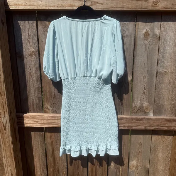 Abercrombie & Fitch Womens Smocked Mini Dress Light Blue V-Neck Ruffle Hem Large - Image 3