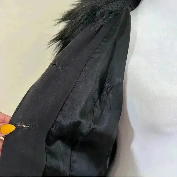 Vintage GUESS Faux Fur Mid Length Trench Coat RARE Jacket in Black Sz. Small - Image 8