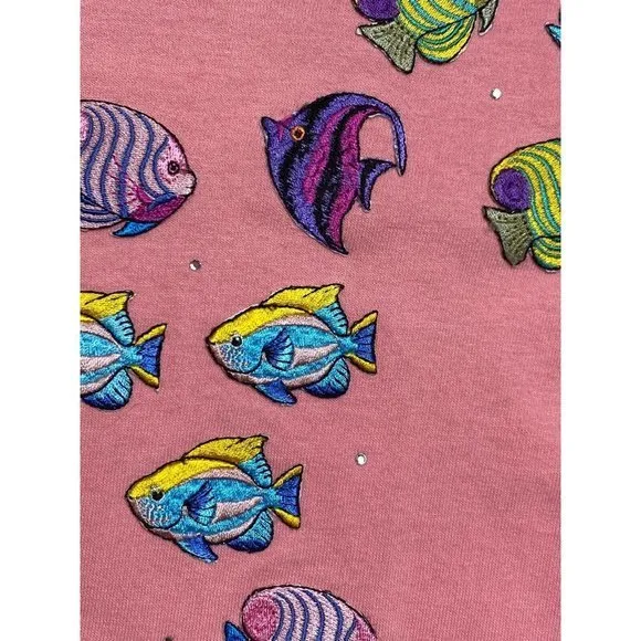 LEARSI Vintage Women's Size Small Single-Stitch Coral Tee w/Embroidered‎ Fish - Image 4