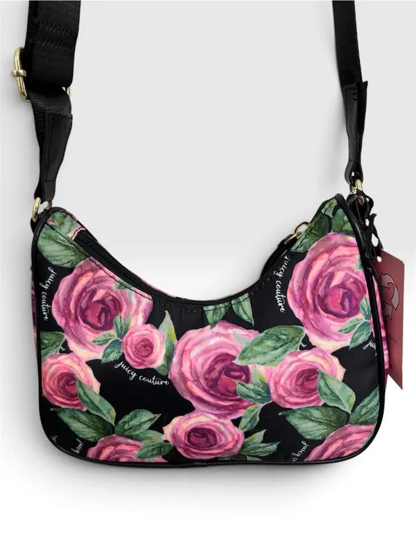 Juicy Couture Black Pink Rose Floral Print Mini Shoulder Bag Gold Chain Strap - Image 5