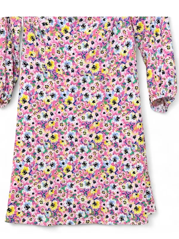 H&M Women’s Crinkle Cut Floral Print Off the Shoulders Quarter Sleeve Mini Dress - Image 9