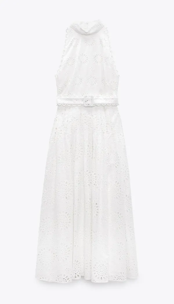 Zara maxi sun dress boho crochet belt lace halter flowy summer vacation - Image 15