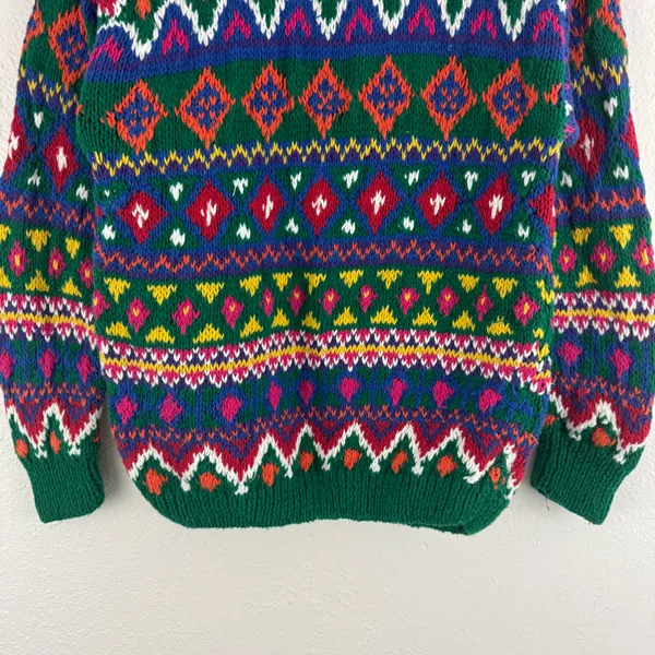Vintage 90’s Coogi Vibes Multicolor Pattern Stripe Hand Knit Grandpa Sweater - Image 3