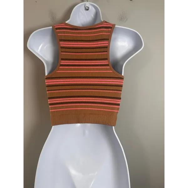 Aerie Brown Pink Striped Ribbed Ruched‎ Front Crop Tank Top XL Retro Y2K Indie - Image 2