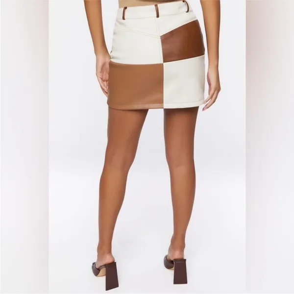 Forever 21 Faux Leather Patchwork on‎ Brown And Tan Mini Skirt L - Image 2