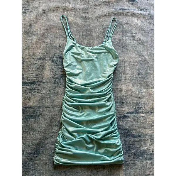 Lucy In The Sky Aquamarine Blue Shimmer Ruched Bodycon Dress Small - Image 4