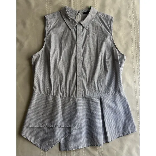 Antonio Melani Blouse Size L Blue and Navy Striped Asymmetrical Peplum Top - Image 9