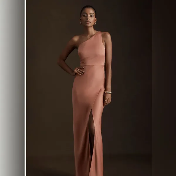BHLDN Dylan One-Shoulder Satin Side-Slit Gown in Sedona Dusty Pink Anthropologie - Image 8