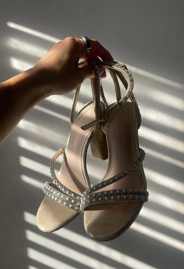 Antonio Melani Kameron Pearl Rhinestone Metallic Strap Block Heel Dress Sandals - Image 2
