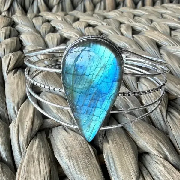 Large Labradorite Cuff Bracelet Silver Plated Blue Flash Adjustable - Image 2
