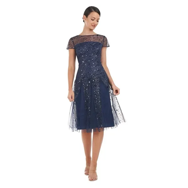 JS Collections‎ Alyssa Sequin Godet Cocktail Dress Navy 6 - Image 5