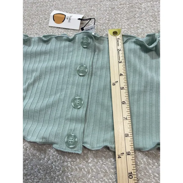 Ribbed Off-Shoulder Button Crop Top in Sage Green Size S Shell 91% Tencel - Image 8