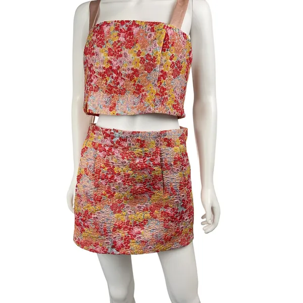 Lulus Floral Two Piece Set Crop Top Mini Skirt‎ Pink Yellow Red Medium M - Image 3