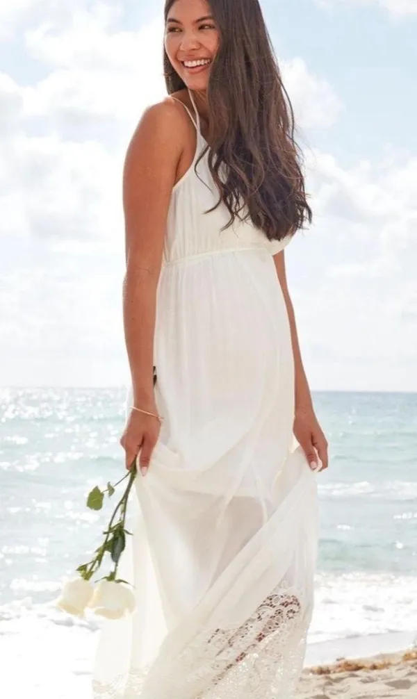 Motherhood Maternity Lace Hem Boho Maxi Dress in White size Small, NWOT - Image 2
