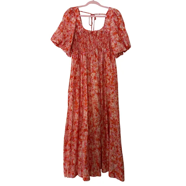 Anthropologie Smocked Babydoll Midi Dress Pink Orange Floral M Medium - Image 10