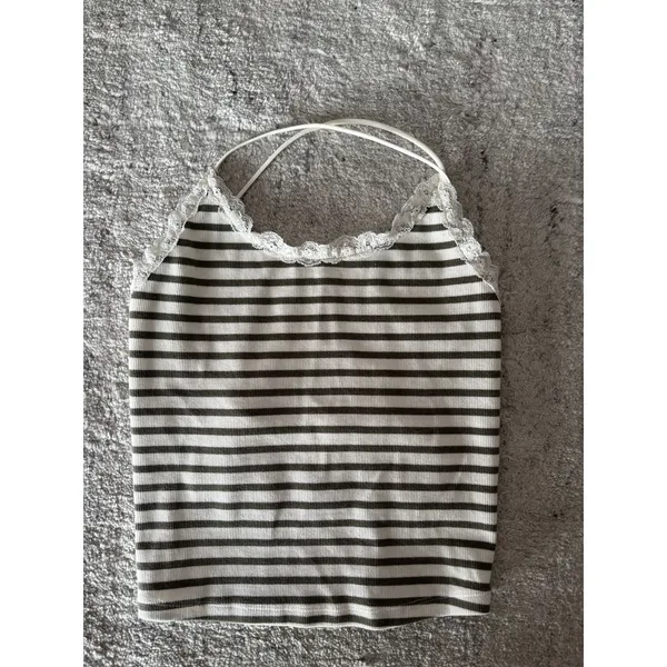 American Eagle Lace Trim Striped Cami Tank Top XS Olive Ivory Y2K Cottagecore - Image 6