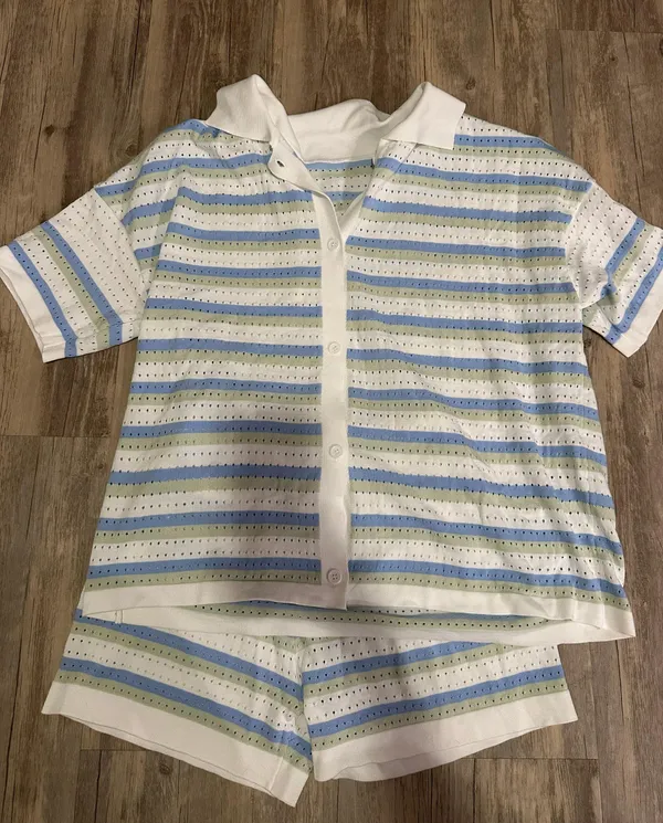 Crochet Short Sets 2 Two Piece for Women Striped Knit Button Top and Shorts Matching Sets - Image 3