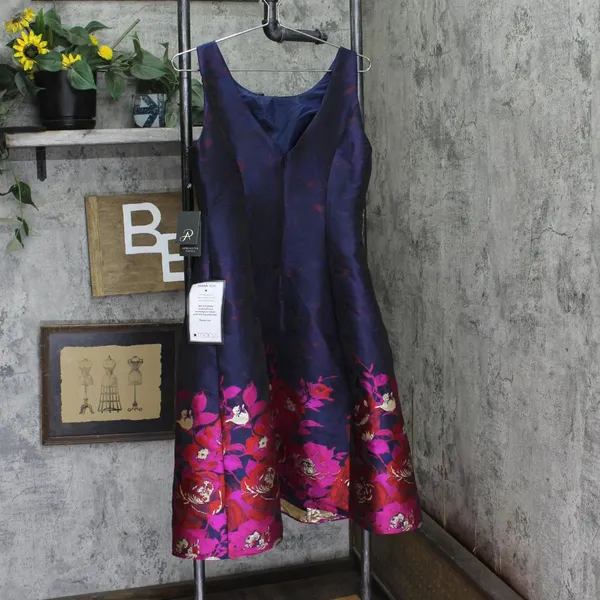 NWT Adrianna Papell Pleated Floral Jacquard Dress Navy Blue / Pink Multi 6 - Image 5