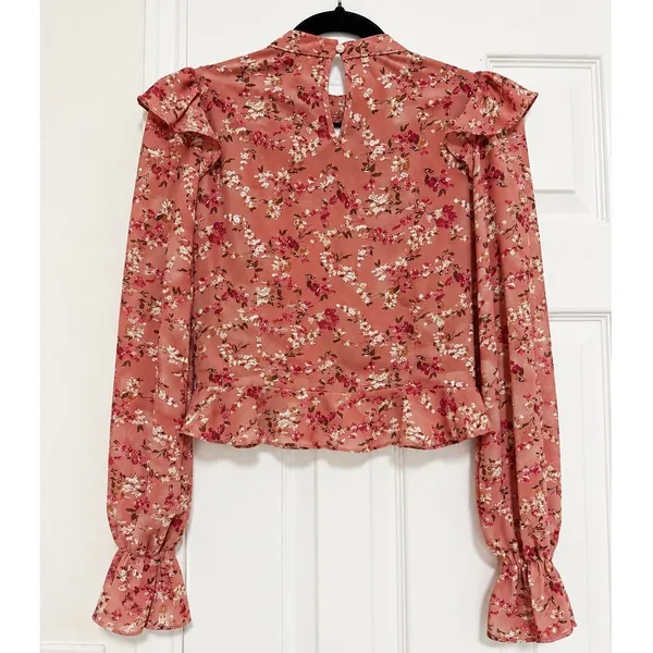 Milk & Honey Pink Floral Ruched Lace Ruffle Blouse Sheer Romantic Top Small - Image 4