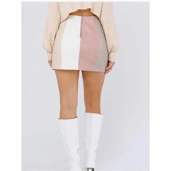 Altar'd State Pink Beige Color block Stripe Vegan Leather Mini Skirt Sz LARGE - Image 2