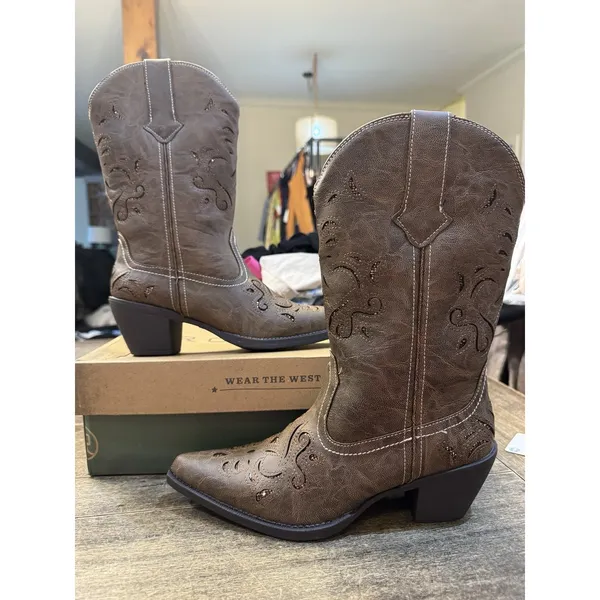 Roper Women's Chloe Snip Toe Glitter Underlay Western Boots Size 8 Brown - Image 3
