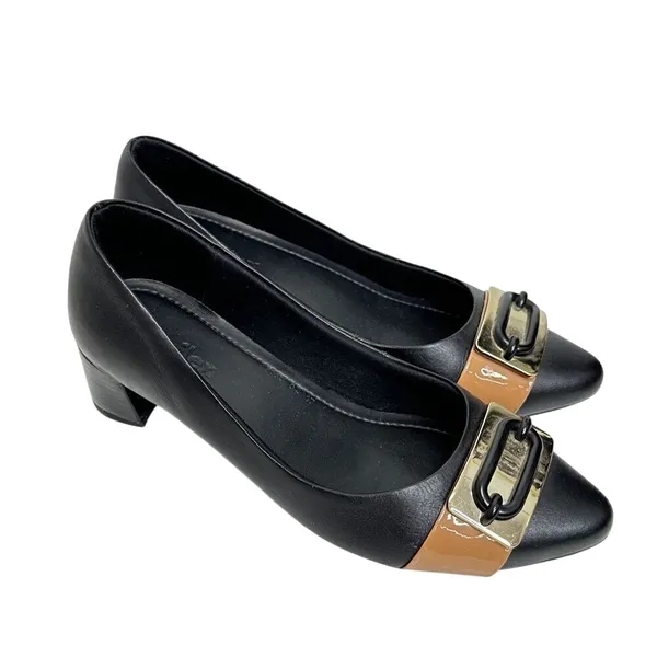 Usaflex Black Leather Block Heel‎ Pumps Tan Buckle Accent Size 7 - Image 2