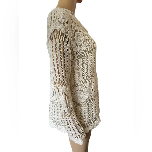 Roaman’s Vintage 90s Cream Boho Hippie Western Eclectic Crochet Long Sleeve Top - Image 2