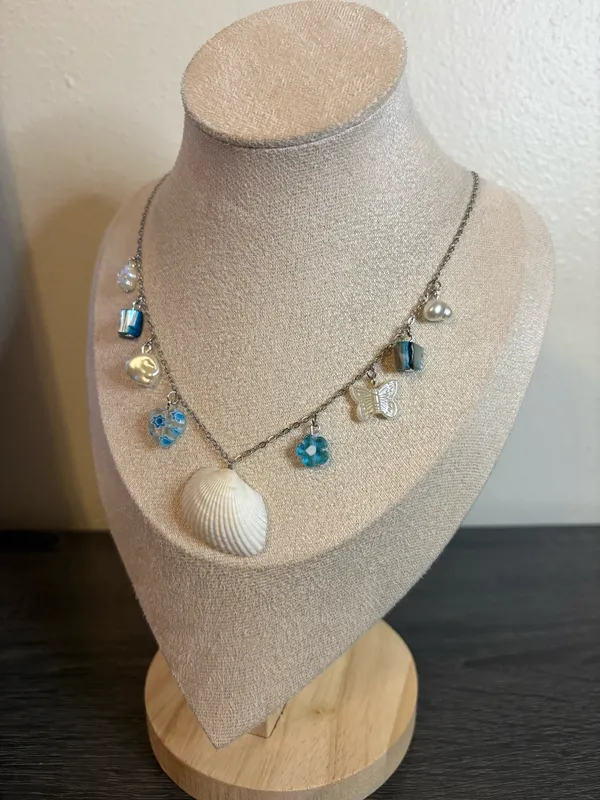 Handmade Silver Blue/Pearl Beachy Charm Necklace - Image 3