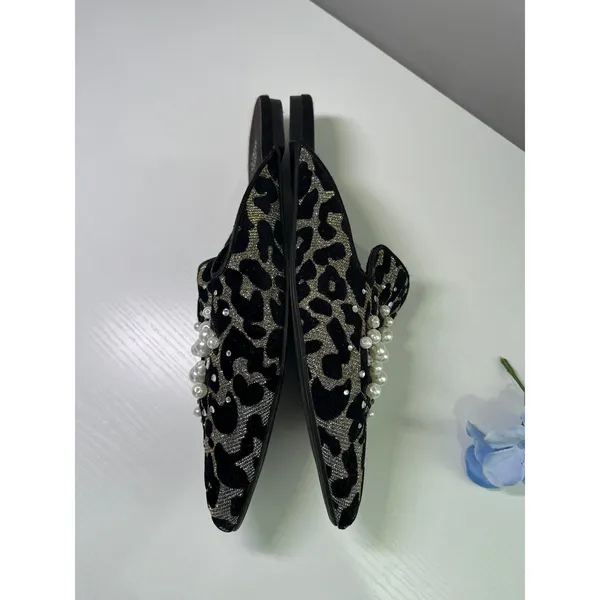 White House‎ Black Market Leopard Pearl Embellished Mules Gold Black 7M - Image 6