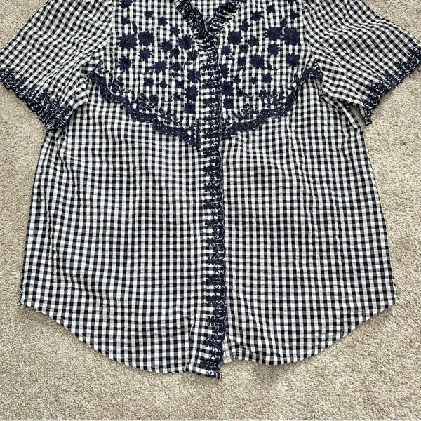 J.Crew Embroidered Indigo Crinkled Gingham Short Sleeve Navy White Top Cotton XS - Image 6