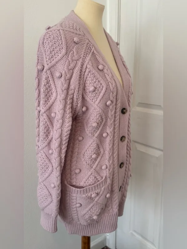 Aritzia Wilfred Alps Cardigan Soft Merino Wool Cable Knit Pom Poms Purple Small - Image 3