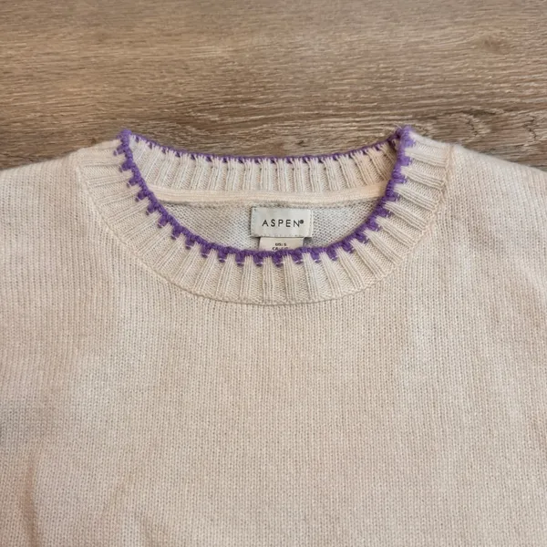 NWT Aspen Cream Wool Blend Crew Neck Sweater with Purple Trim Size Small‎ S - Image 3