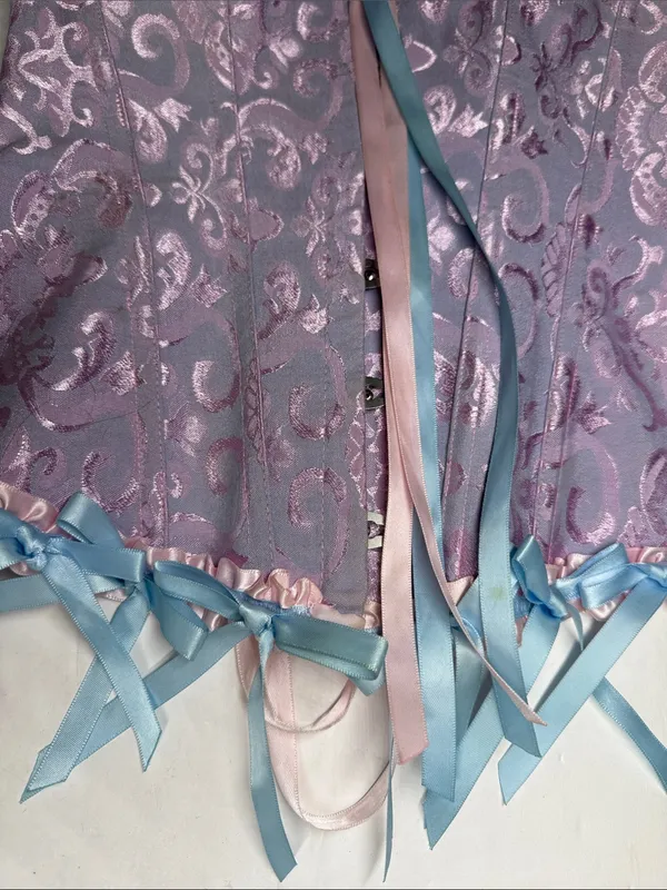 Lavender Floral Brocade Corset Pastel pink blue Ribbon Trim M costume party sexy - Image 3