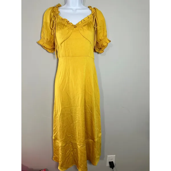 Farrow Yellow Satin Ruffle Tie Neck‎ Midi Dress Size M - Image 2