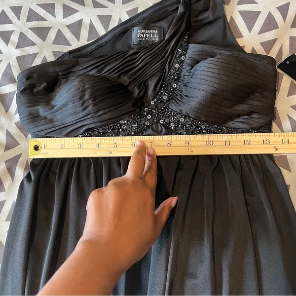 Adrianna‎ Papell Boutique Elegant Satin Black Beaded One-Shoulder Babydoll Dress - Image 13