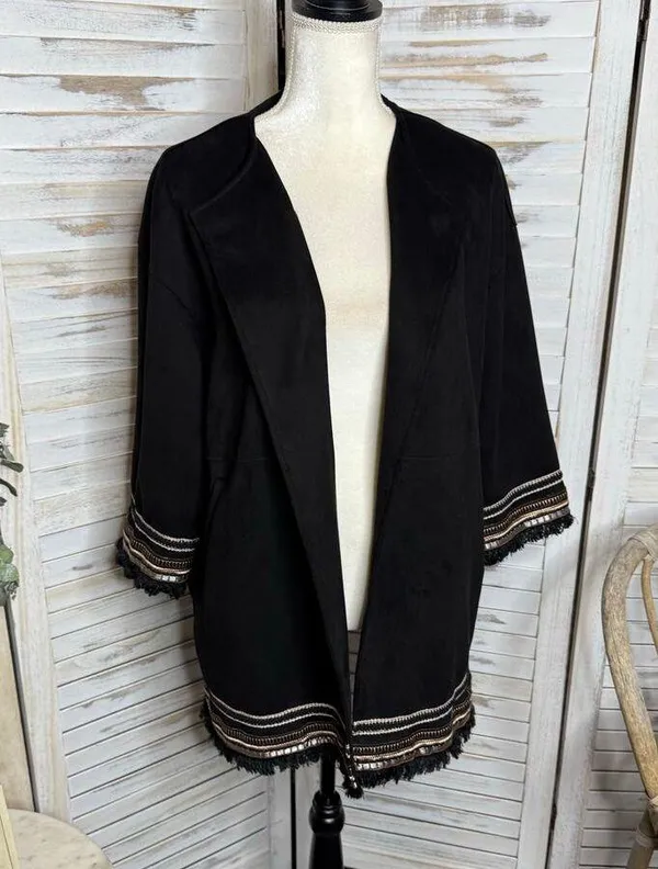 ZARA Women's L Combination Faux Suede Embroidered Jacket Boho Western Black - Image 4