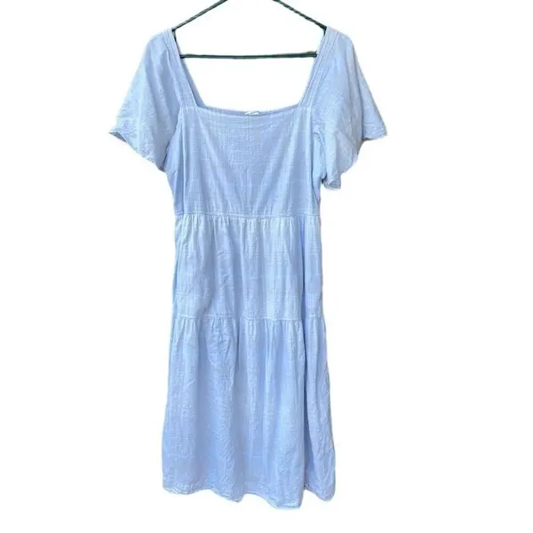 Free Assembly Women’s Tiered Midi dress light blue plaid size M elastic back flu - Image 4