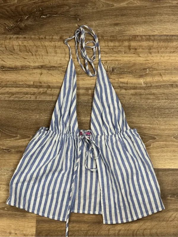 Edikted Madelyn Stripe Tie Front Cotton Halter Top Women’s Small - Image 2