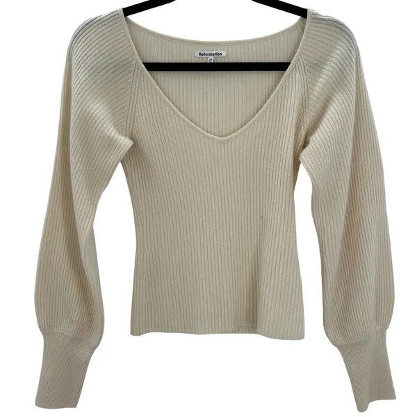 Reformation Hart‎ Cashmere Ribbed V-Neck Sweater Cream XS Blouson Sleeve *FLAW* - Image 2