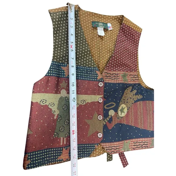 VTG Orvis 90s Tapestry Vest Womens L Made USA Patchwork Folk Angel Stars - Image 8