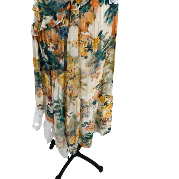 Anthropologie V-Neck Ruffle Lace Slip‎ Dress Floral White Multicolor Size US 4 - Image 14