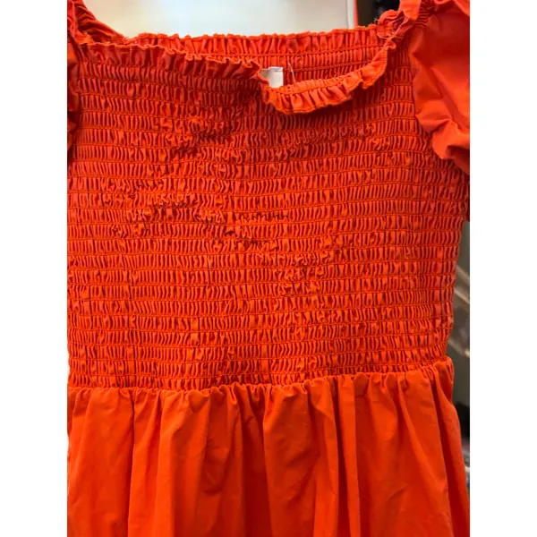 Livaceous Orange‎ Smocked Puff Sleeve Mini Dress Square Neck Ruffle Hem L - Image 6