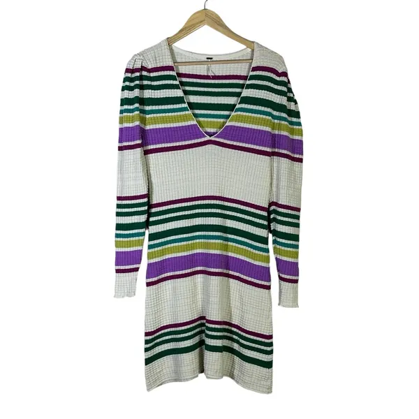 Free People Wide Eyed Striped Waffle Knit Mini Dress Multi Color Boho Size S - Image 3