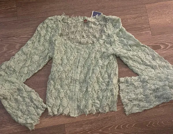 NWT Free People One Madison Top Smocked Lace Sheer Hook-Front Bell Sleeve Medium - Image 5