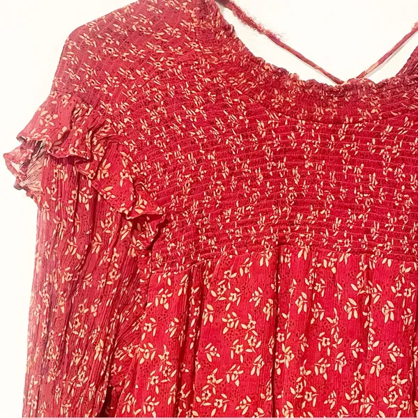 FREE‎ PEOPLE Size Large Roma Floral Smocked Top Ruffle Sheer Balloon Sleeve Top - Image 4