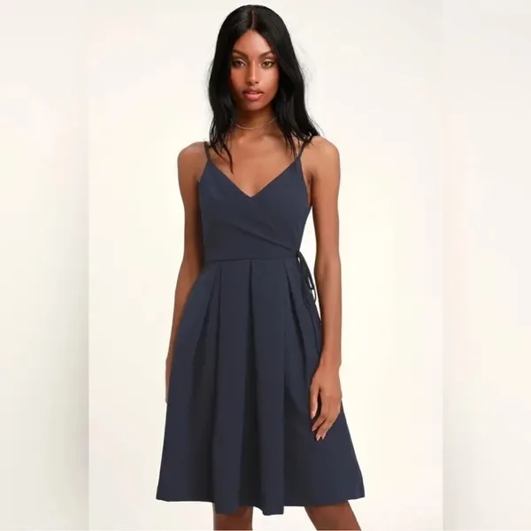 Lulus Thinking About You Navy Blue Pleated Faux Wrap Midi Dress Size Small - Image 2