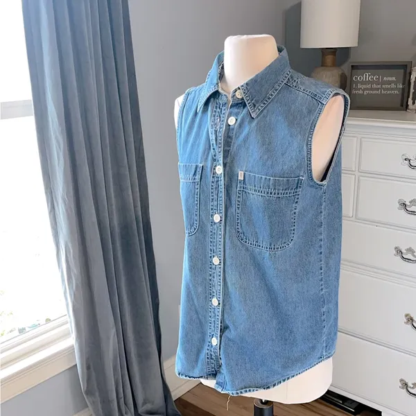 Riders By Lee Denim Jean Top Womens Small Button Down Collar Shirt Sleeveless Cotton - Image 7