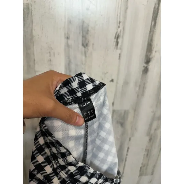 SHEIN Gingham Plaid Split Hem Skinny Leggings Womens S Black White High Rise - Image 3