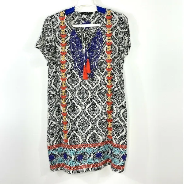 THML Damask Print Multicolor Embroidered Casual Tunic Dress Size Small FLAW - Image 3
